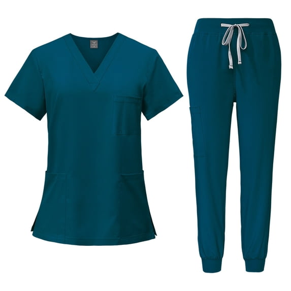 Scrub Sets for Woman Solid Color V-Neck Short Sleeve Long Pants Nurse Uniform with Pock Turquoise S