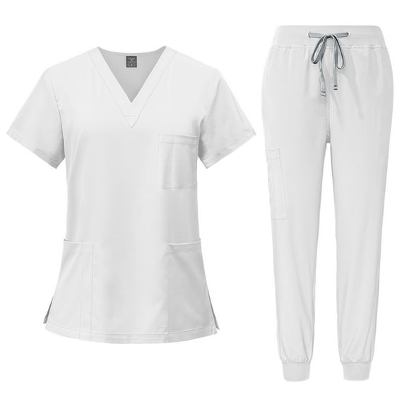 Scrub Sets for Woman Solid Color V-Neck Short Sleeve Long Pants Nurse Uniform with Pock White M