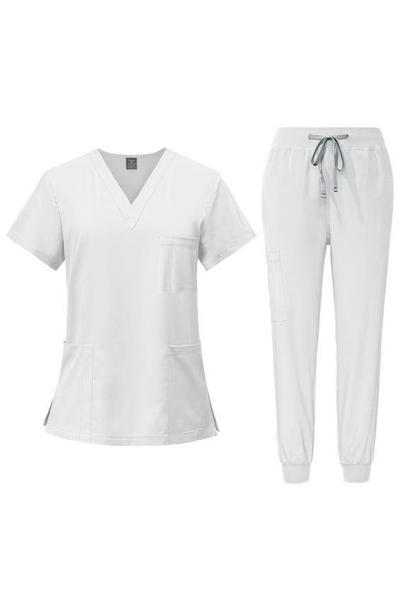 Scrub Sets for Woman Solid Color V-Neck Short Sleeve Long Pants Nurse Uniform with Pock White M