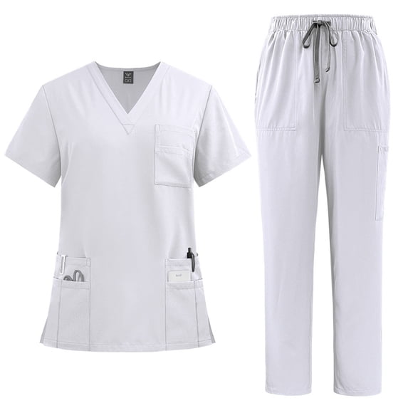 Scrub Sets for Woman Solid Color V-Neck Short Sleeve Long Pants Nurse Uniform with Pock White XXL
