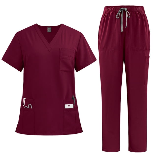 Scrub Sets for Woman Solid Color V-Neck Short Sleeve Long Pants Nurse Uniform with Pock Wine L