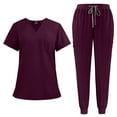 thumbnail image 1 of Women Scrub Sets,Women Stretch Collar Neck Solid Color Scrub Top & Yogga Cargo Pants Yogga Waistband Wine L, 1 of 2