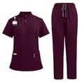 thumbnail image 1 of Scrub Sets for Woman Solid Color V-Neck Short Sleeve Long Pants Nurse Uniform with Pock Wine L, 1 of 2