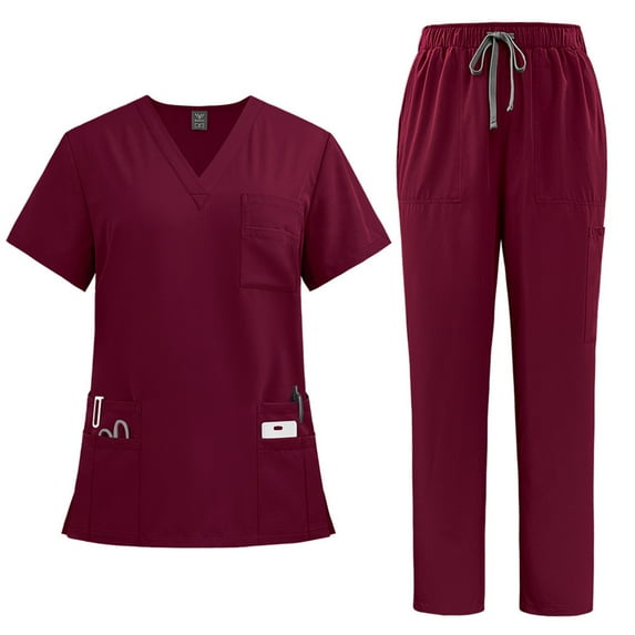Scrub Sets for Woman Solid Color V-Neck Short Sleeve Long Pants Nurse Uniform with Pock Wine M