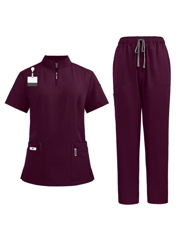Scrub Sets for Woman Solid Color V-Neck Short Sleeve Long Pants Nurse Uniform with Pock Wine XXL