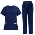 thumbnail image 1 of Elowen Scrub Sets for Woman Solid Color V-Neck Short Sleeve Long Pants Nurse Uniform with Pock Dark Blue 2XL, 1 of 2