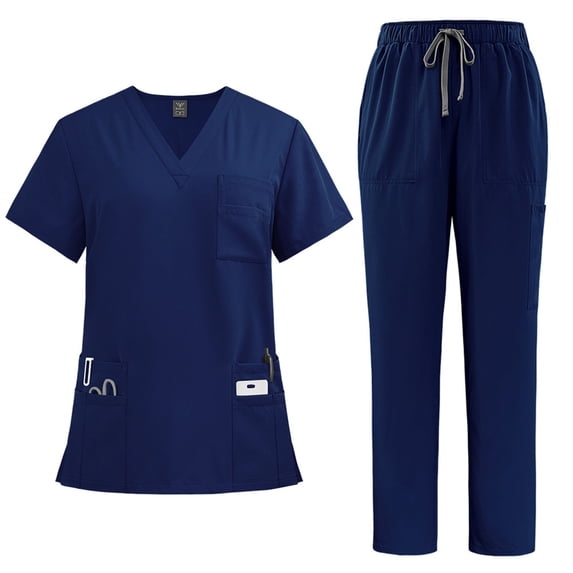 Elowen Scrub Sets for Woman Solid Color V-Neck Short Sleeve Long Pants Nurse Uniform with Pock Dark Blue 2XL