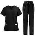 thumbnail image 1 of Elowen Scrub Sets for Woman Solid Color V-Neck Short Sleeve Long Pants Nurse Uniform with Pock Black L, 1 of 2