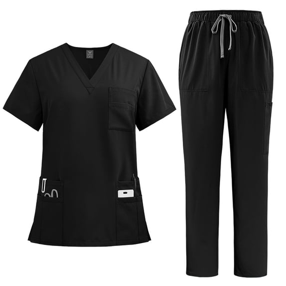 Elowen Scrub Sets for Woman Solid Color V-Neck Short Sleeve Long Pants Nurse Uniform with Pock Black L