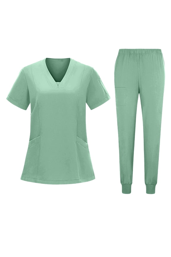 Scrub Sets for Woman Solid V-Neck Short Sleeve Tops Long Pants Nurse Work Uniform with Pockets Green XL
