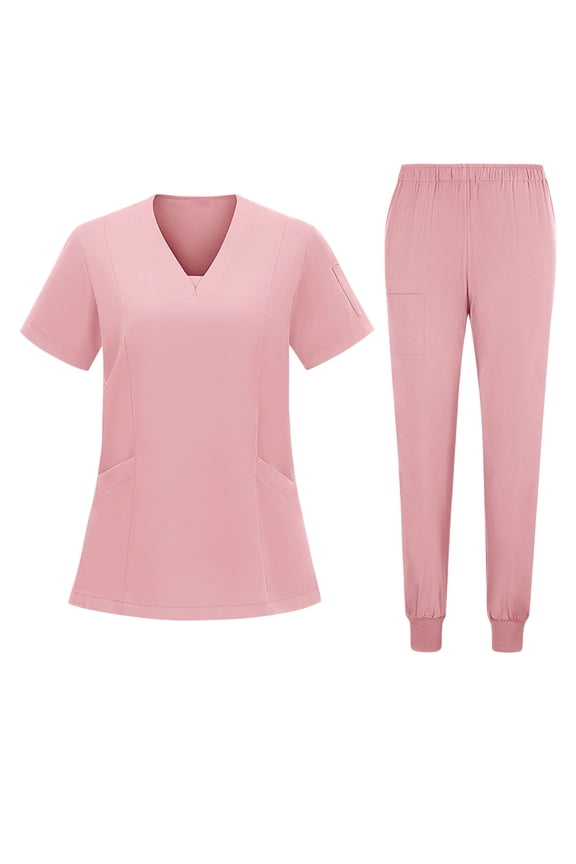 Scrub Sets for Woman Solid V-Neck Short Sleeve Tops Long Pants Nurse Work Uniform with Pockets Pink M