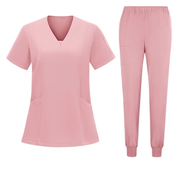 Scrub Sets for Woman Solid V-Neck Short Sleeve Tops Long Pants Nurse Work Uniform with Pockets Pink S
