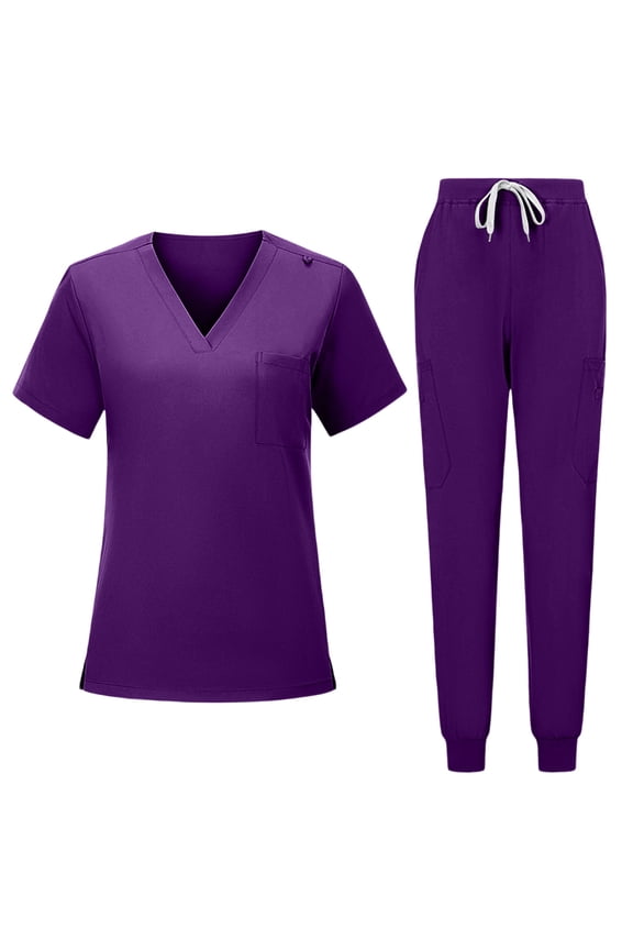 Scrub Sets for Woman Solid V-Neck Short Sleeve Tops Long Pants Nurse Work Uniform with Pockets Purple XXL