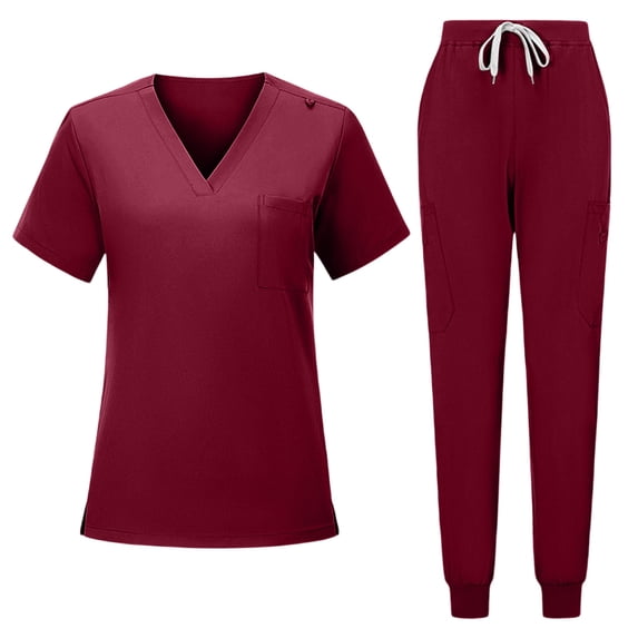 Scrub Sets for Woman Solid V-Neck Short Sleeve Tops Long Pants Nurse Work Uniform with Pockets Red XL