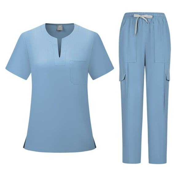 Scrub Sets for Woman V-Neck Scrub Tops Jogger Solid Color Nursing Uniform Plus Size Medical Workwear Sets 02-Light Blue L