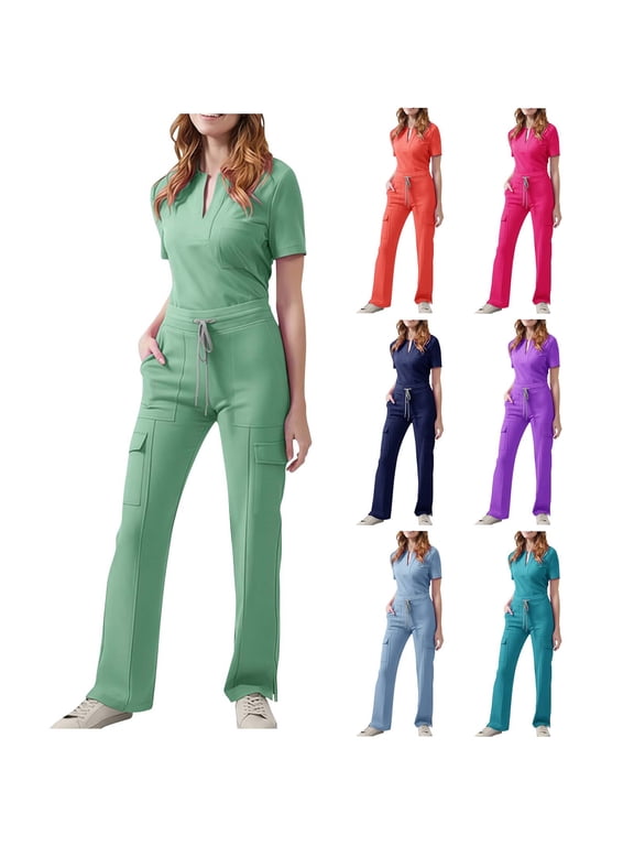 Scrub Sets for Woman with Pockets V-Neck Tops Drawstring Pocket Pants Casual Two-Piece Set For Care Workers