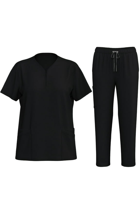 Scrub Sets for Women Outfits Stretch Nursing Uniform V-Neck Tops Drawstring Cargo Pants Black L