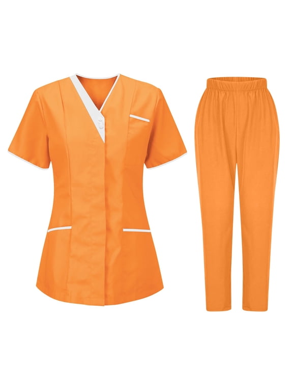 Scrub Sets for Women Plus Size Lightweight Stretchy V-Neck Scrub Top and Bottom for Cleaning with Pockets