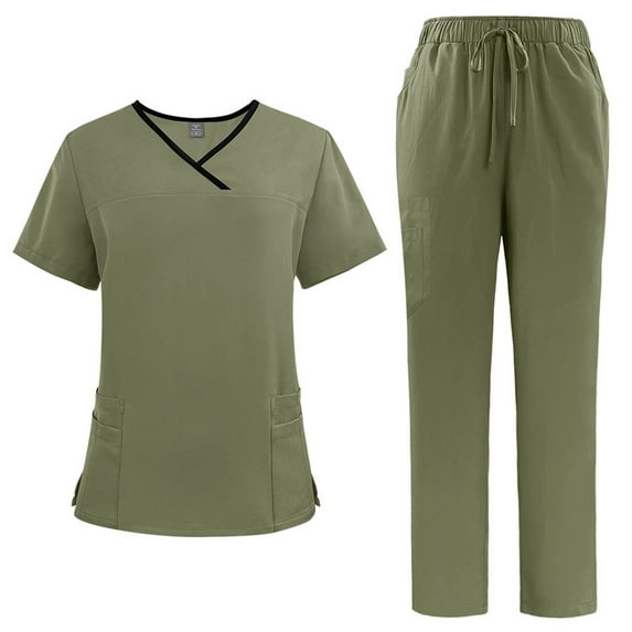 Scrub Sets for Women Solid Color V-Neck Short Sleeve Long Pants Nurse Uniform with Pock