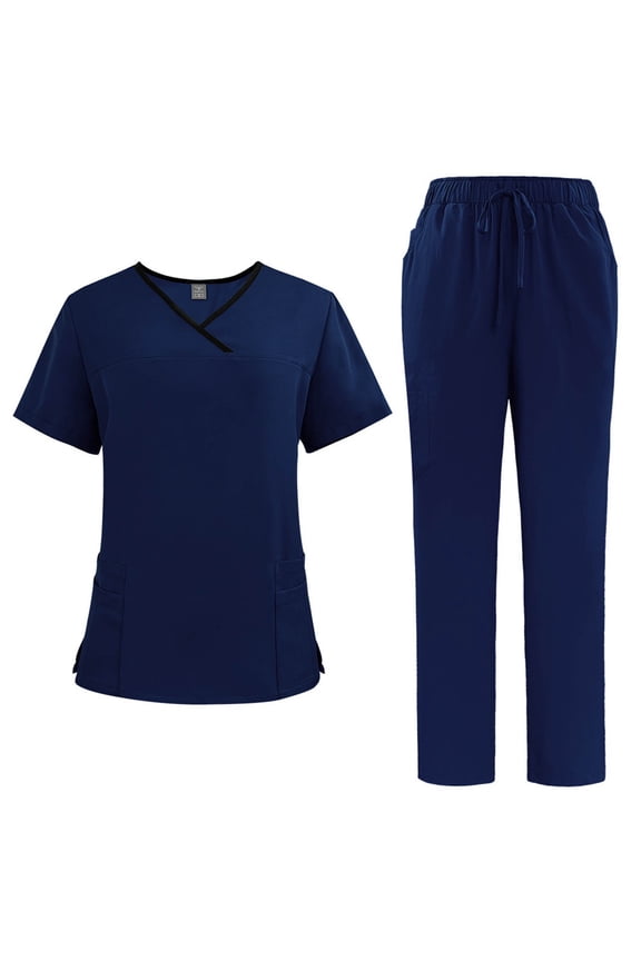 Scrub Sets for Women Solid Color V-Neck Short Sleeve Long Pants Nurse Uniform with Pock