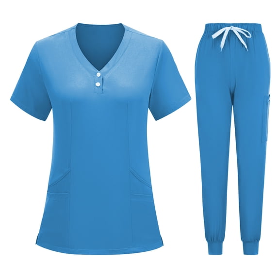 Scrub Sets for Women Womens 2 Piece Scrub Outfits Casual Short Sleeve V Neck Tops and Long Pants Sets Nurse's Uniform Lounge Set