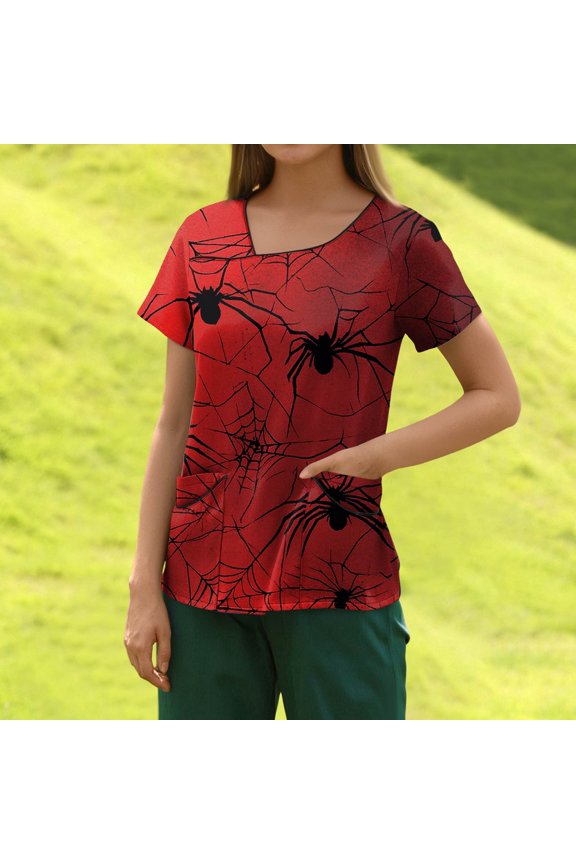 Scrub Shirts for Women, Classic Fit V-Neck Short Sleeve Top Anti-Wrinkle Workwear Medical Tops Women Plus Size Fun Printed Scrubs Soft Knit Nurse Uniform Professionals Red S