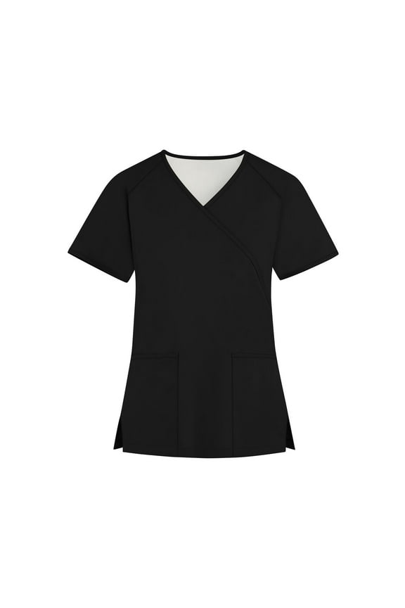 Scrub Shirts for Women, Lightweight Nursing Shirt - V-Neck All-Season Scrubs Top with Multi Pockets Side Slit & Short Sleeve Solid Color Work Uniform Black L