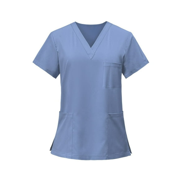 Scrub Shirts for Women, Lightweight Nursing Shirt - V-Neck All-Season Scrubs Top with Multi Pockets Side Slit & Short Sleeve Solid Color Work Uniform Blue Xxl