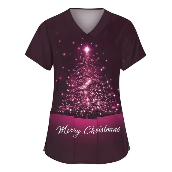 Scrub Shirts for Women, Printed Tops Soft Knit Nurse Uniform Anti-Wrinkle Workwear Medical Women Short Sleeve V Neck Shirt with Pockets Plus Size V-Neck Fun Scrubs Top Purple 3Xl