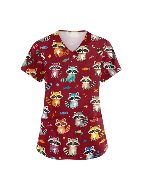 Scrub Shirts for Women Cartoon Animal Theme Print Cute Style Short Sleeve V Neck Nursing Uniform Tops