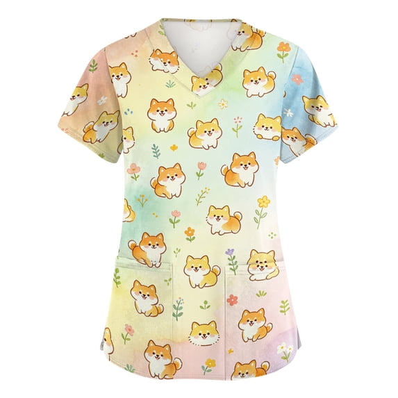 Scrub Shirts for Women Cartoon Animals Theme Print V Neck Short Sleeve Nurse Working Tops