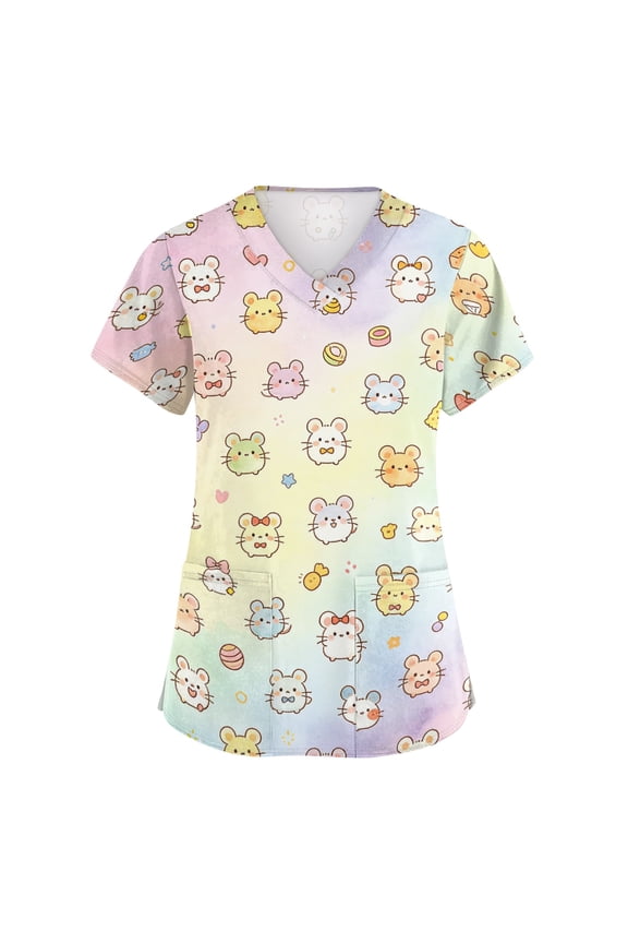 Scrub Shirts for Women Casual Scrub Tops Cute Cartoon Pattern V Neck Short Sleeve Scrub Tops