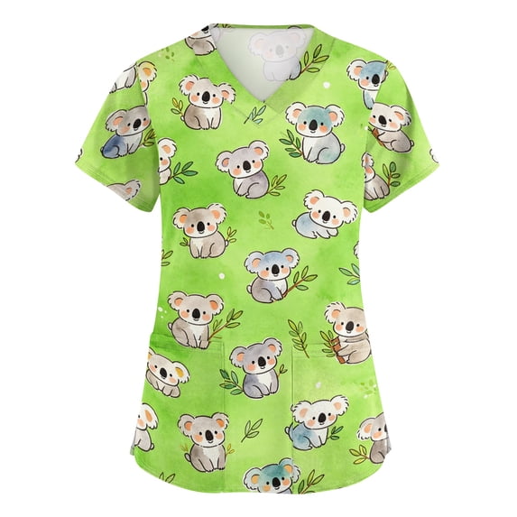 Scrub Shirts for Women Cute Cartoon Animals Pattern V Neck Loose Comfy Healthcare Wear With Pockets