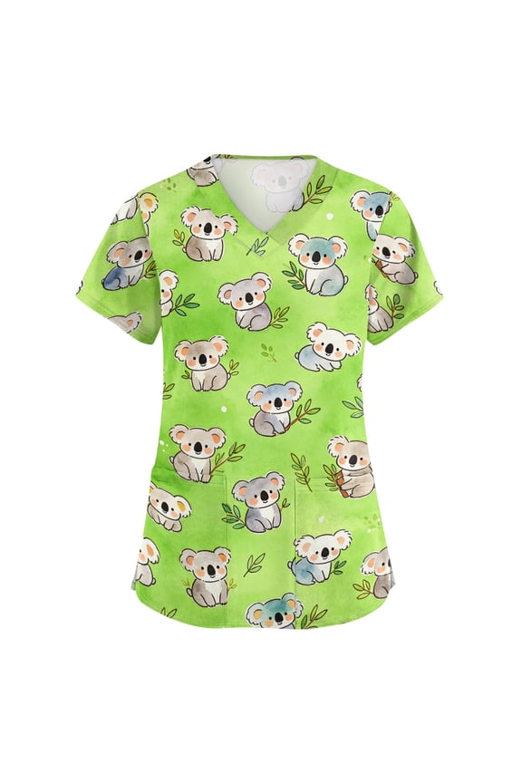 Scrub Shirts for Women Cute Cartoon Animals Pattern V Neck Loose Comfy Healthcare Wear With Pockets