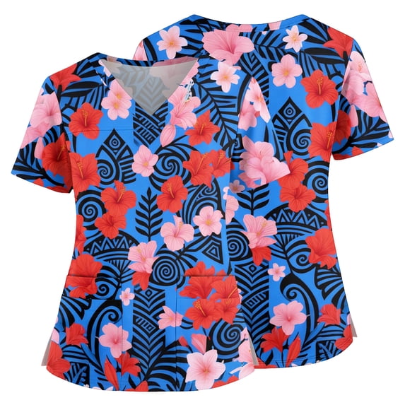 Scrub Shirts for Women Tropical Floral Print Short Sleeve V Neck Relaxed Fit Medical Uniform