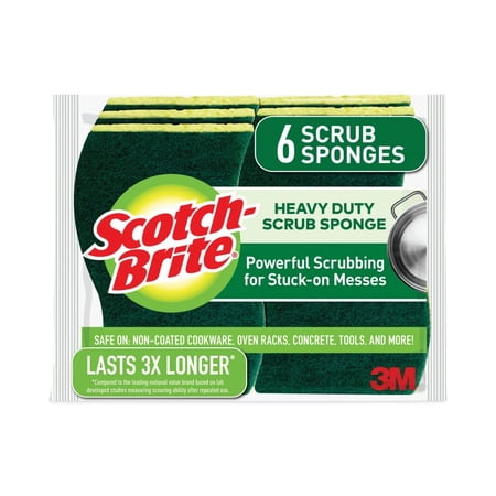 Scrub Sponge, Hvy Duty, 4-1/2"x2-3/4", 6/PK, YW/GN, Sold as 1 Package