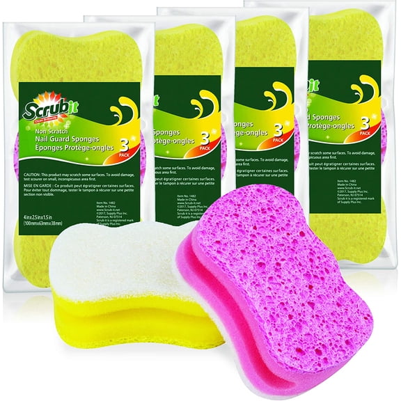 Scrub Sponge by Multipurpose Cellulose Cleaning Sponges with Non Scratch Scouring Pad for Dishes, Pots, Pans, Glass Cooktop - Super Absorbent - Unique Shape to Protect Nails: 12 Pack