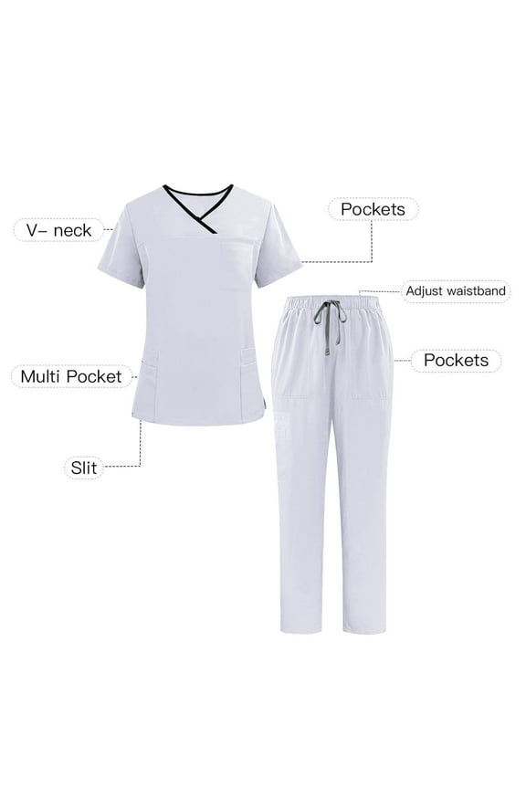 Scrub Suit: Men's Solid Color V-neck Pocket Caregiver Short Sleeved Shirt Elastic Pants Nurse Uniform Sets