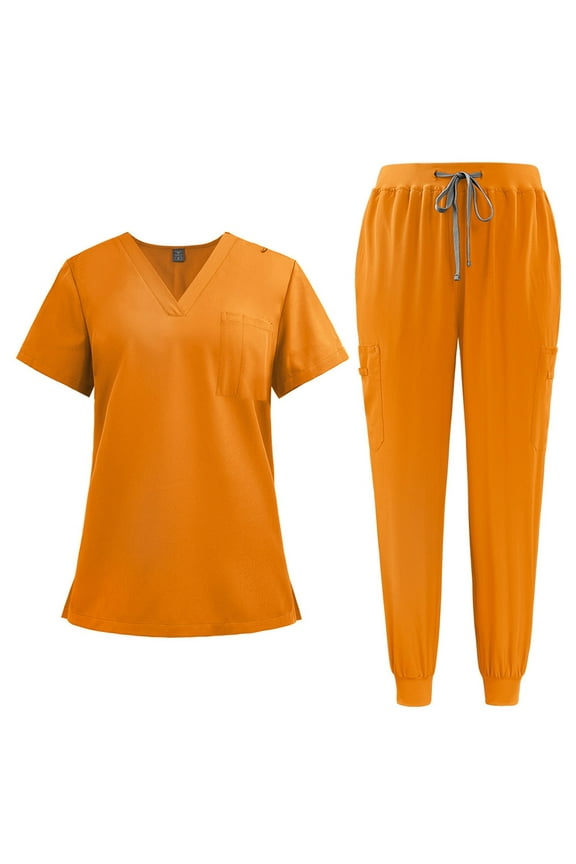Scrubs for Women Set, Modern V Neck Scrub Top & Jogger Pant with 8 Pockets Professionals Soft Stretch Medical Nursing Uniforms Set orange X-Large