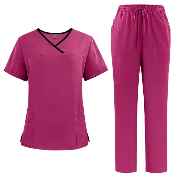 Scrub Suit Set for Women, Modern V-Neck Scrub Top & Jogger Scrub Pants with Multi Pockets Professionals Soft Stretch Athletic Nursing Uniform Workwear (Hot pink)