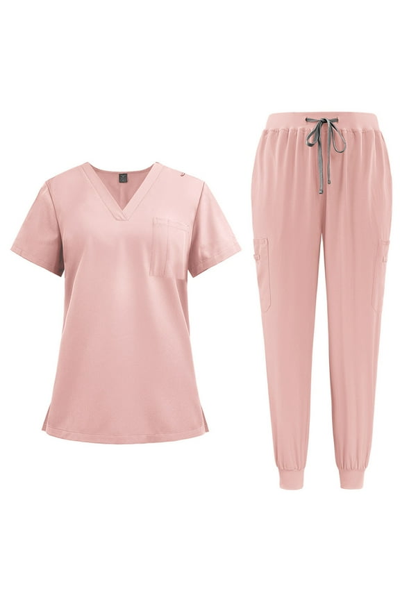 Women's Scrub Sets, Modern V Neck Scrub Top & Jogger Pant with 8 Pockets Professionals Soft Stretch Athletic Nursing Uniform Workwear pink Medium