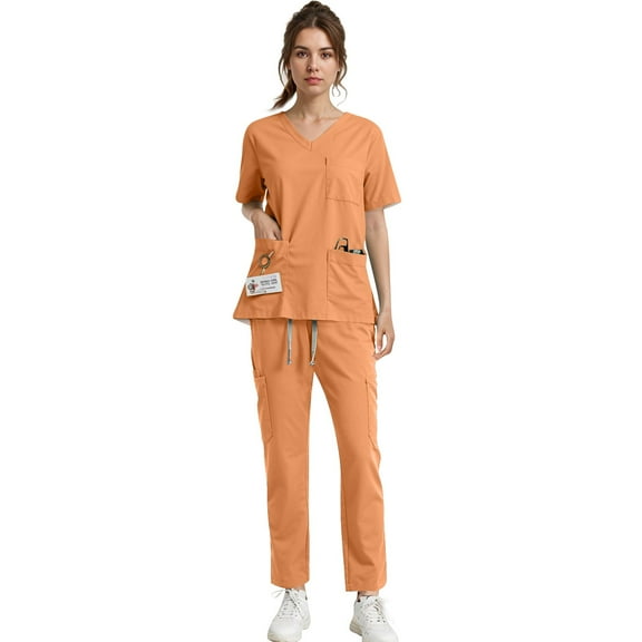 Scrub Suit Set for Women, Modern V-Neck Scrub Top & Jogger Scrub Pants with Multi Pockets Professionals Soft Stretch Medical Nursing Uniforms Set (Orange)