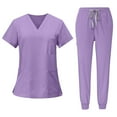 thumbnail image 1 of Scrub Suit Set for Women, Modern V Neck Scrub Top & Jogger Pant with 8 Pockets Professionals Soft Stretch Medical Nursing Uniforms Set (Light purple), 1 of 4