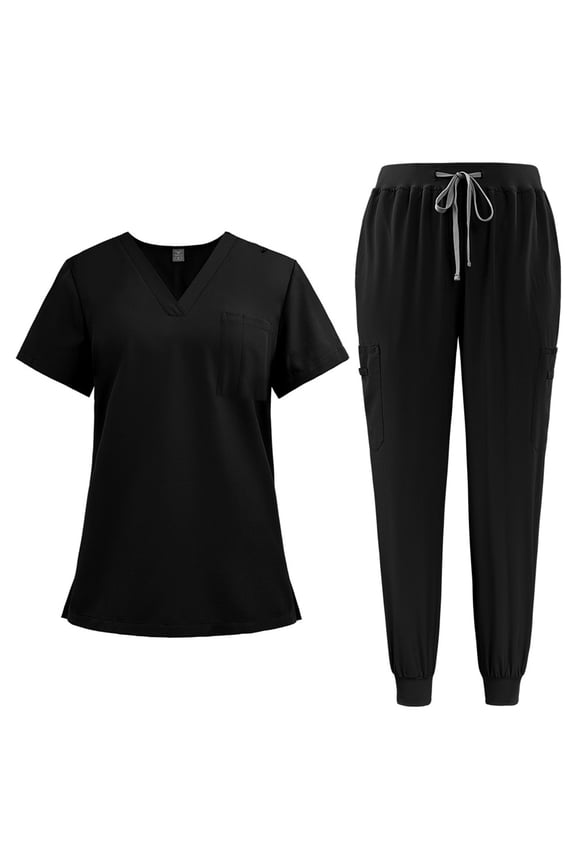 Scrub Suit Set for Women Modern V-neck Top & Cool Jogger Pants with Drawstring Medical Nursing Uniforms Set