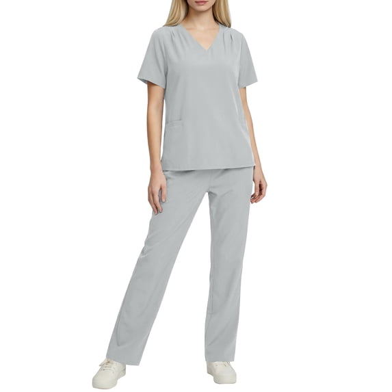 Scrub Suits for Women V Neck Ruched Top with Pockets & Straight Pants Medical Workwear for Nurses, Pet Care
