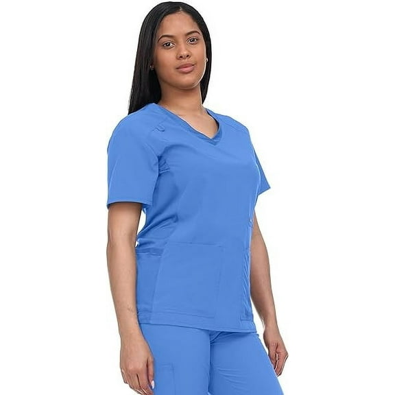 Scrub Top For Women Strecth Side Knit Panel Nurse Uniform 6 Pockets Uniform For Home Attedant
