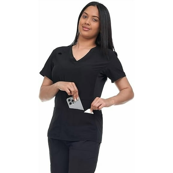 Scrub Top For Women Strecth Side Knit Panel Nurse Uniform 6 Pockets Uniform For Home Attedant