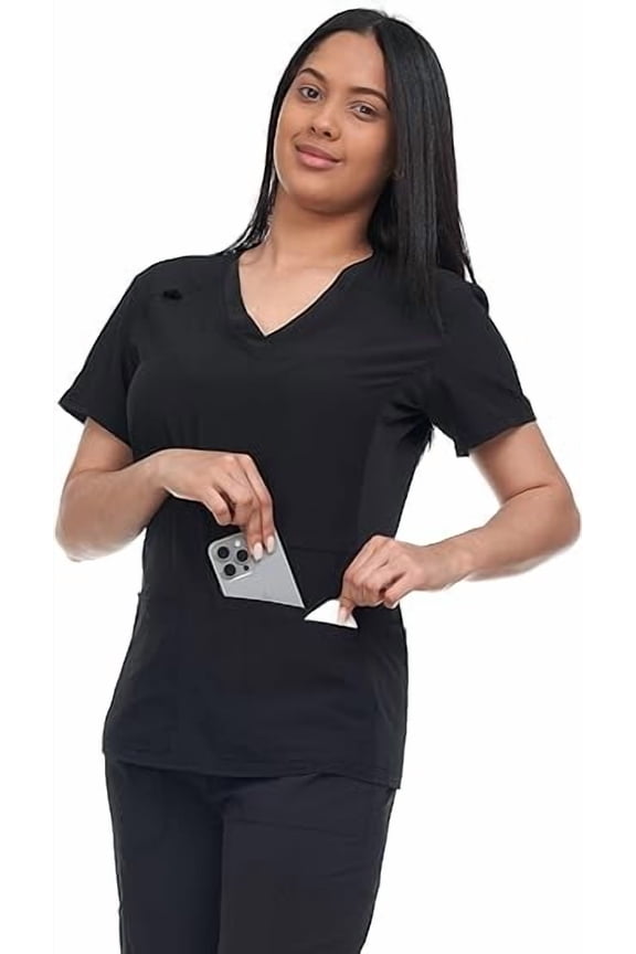 Scrub Top For Women Strecth Side Knit Panel Nurse Uniform 6 Pockets Uniform For Home Attedant