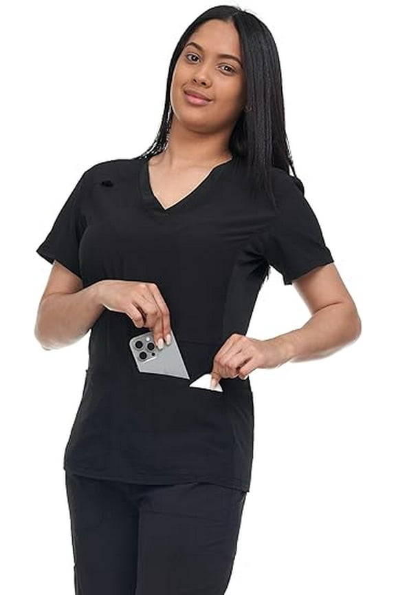 Scrub Top For Women Strecth Side Knit Panel Nurse Uniform 6 Pockets Uniform For Home Attedant