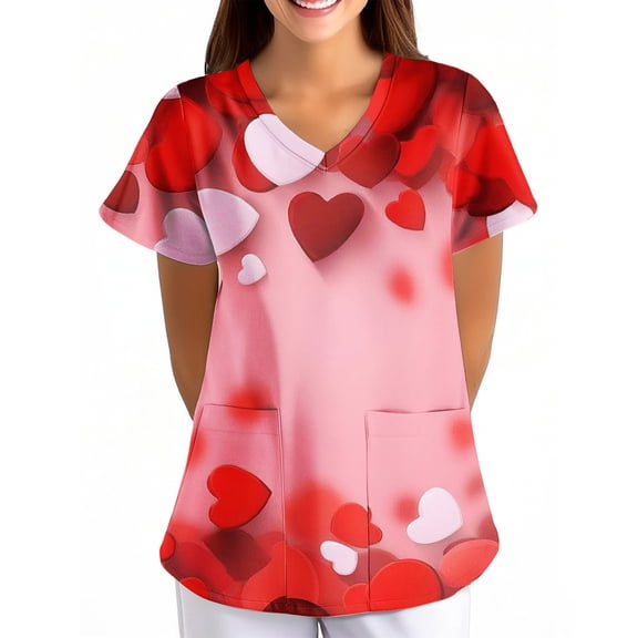 Scrub Top Stretch,Women's Valentine's Day Printed Loose-Fit V-Neck Pocket Short-Sleeve Nursing Scrubs Top - Vermilion - XL